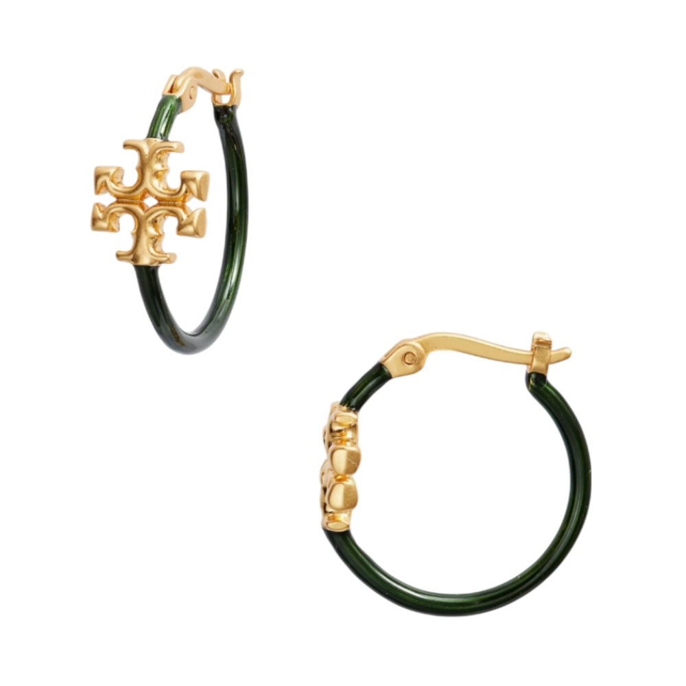 Tory Burch Eleanor Double T Medium Hoop Earrings in Green - Picture 5 of 5